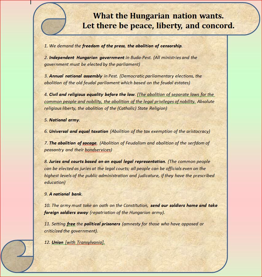 The new national awareness and the desire for independence from Austria resulted in mass demonstrations on the 15th of March 1848, where the reformists presented a 12-points demand which included the here presented points.